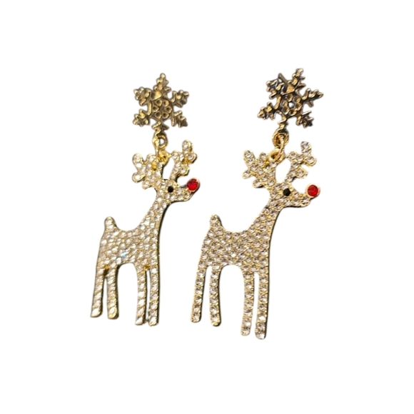 Gold Plated Rhinestone Reindeer Snowflake Dangle Earrings - Picture 1 of 2